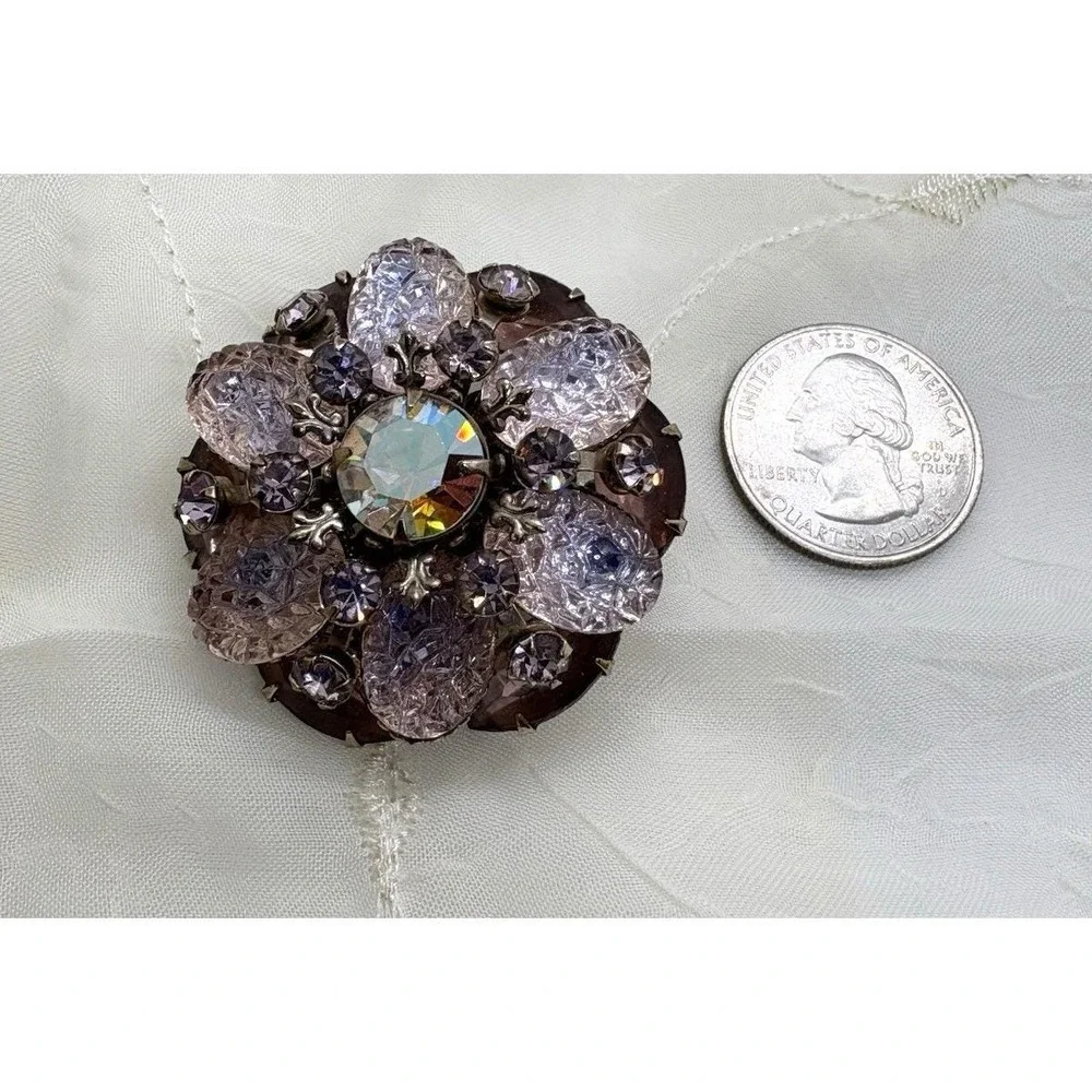 Vintage 1950s MCM Pink Lavender Rhinestone Brooch Clip On Earrings Matching‎ Set